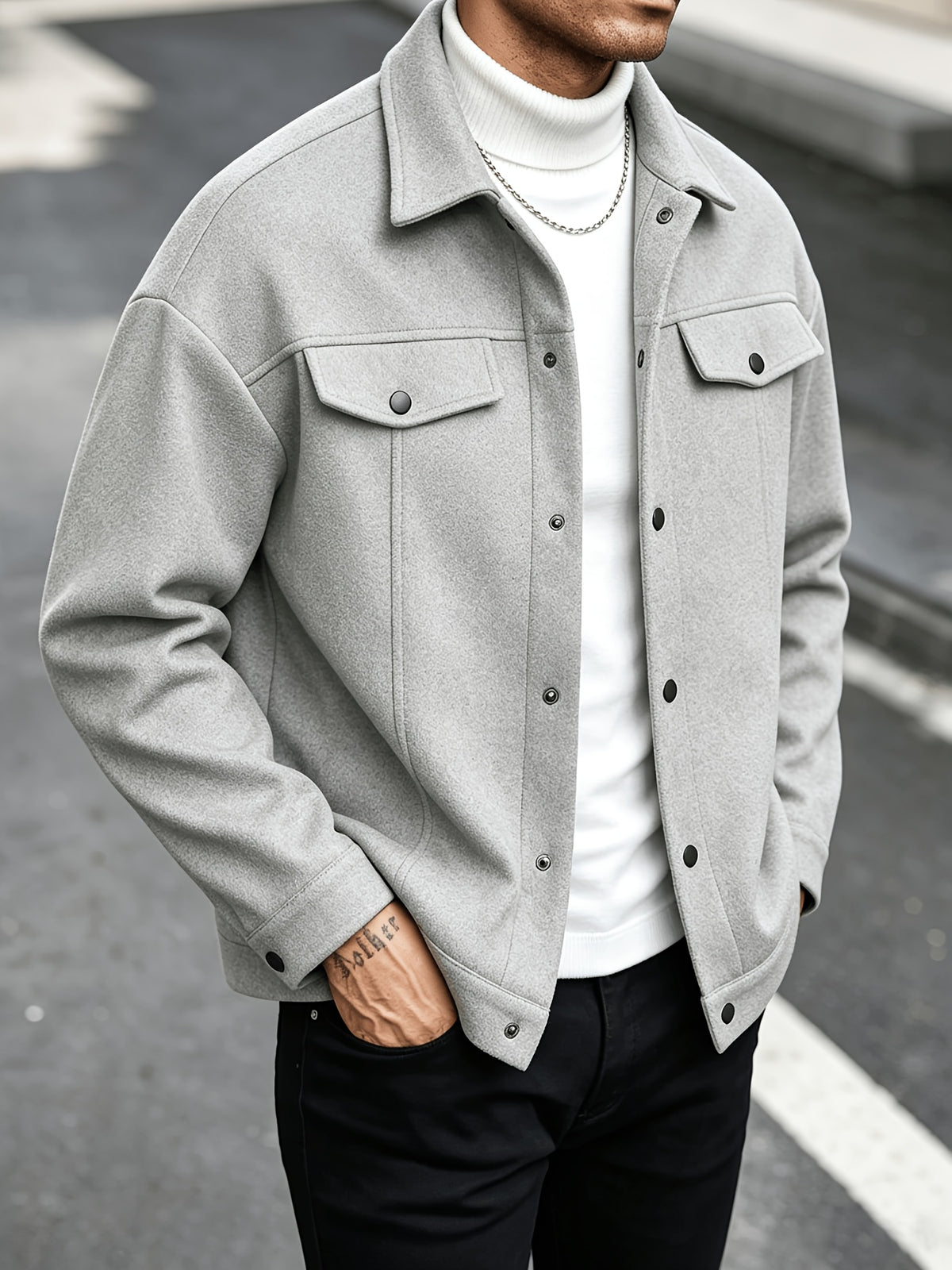 New Autumn/Winter Men's Lapel Tweed Shirt Jacket, Loose Fit with Double Patch Pockets, Single-Breasted Casual Workwear Outerwear, Versatile Top for Daily Commuting - Grey