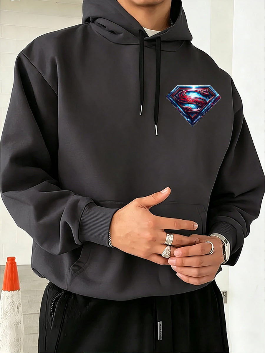 Warner Bros. Official Light and Shadow Superman S-Logo Printed Hooded Sweatshirt — Unisex Loose Pullover, Suitable for Casual, Sports, and Daily Wear, Machine Washable and Warm, for Autumn and Winter - Dark Gray
