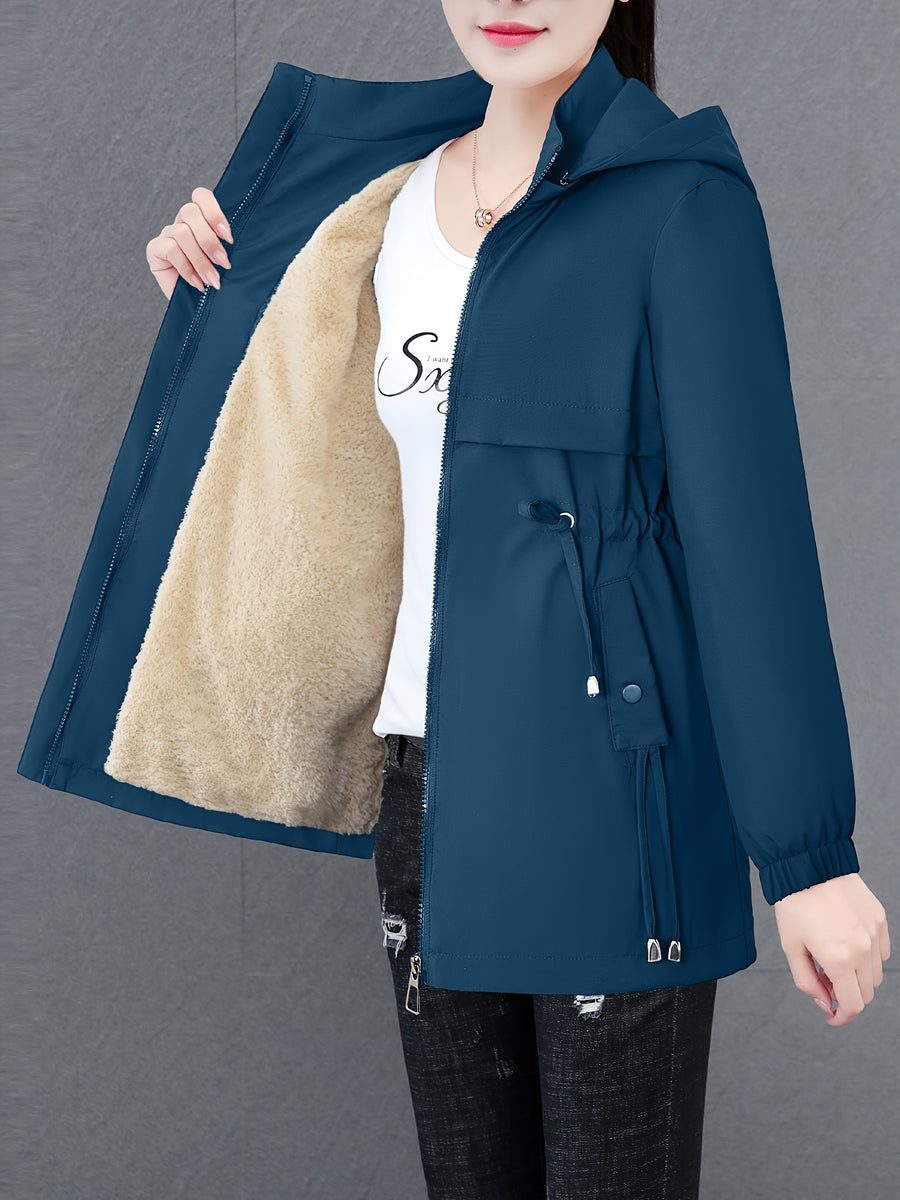 Women'S Fall Winter Fleece-Lined Thick Trench Coat, Warm Top Outerwear for Autumn Winter Season, Drawstring Waist Design, Elastic Windproof Cuffs, Easy Comfortable Lightweight Coat - Peacock Blue