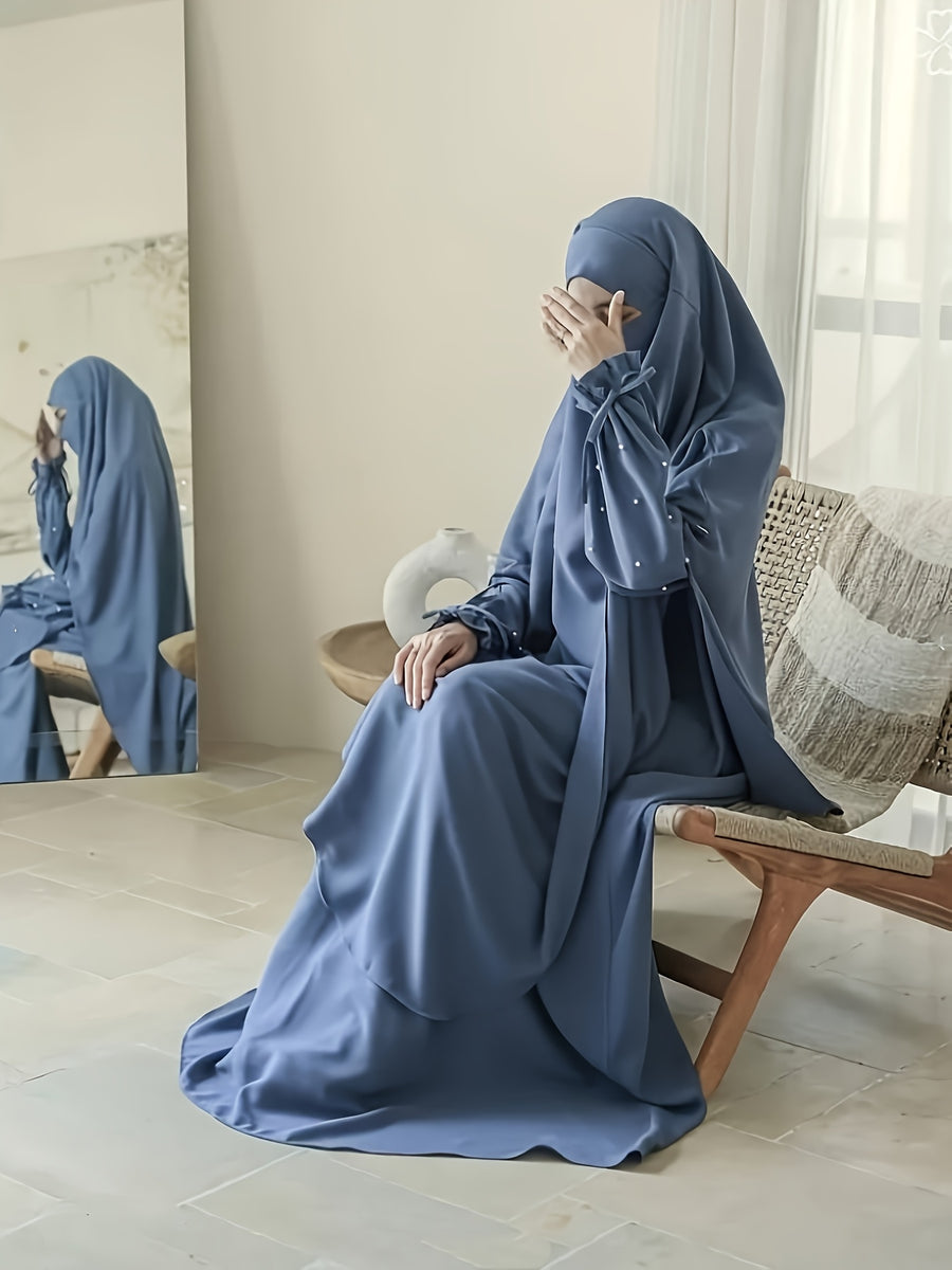 Middle Eastern Solid Color Women'S Robe with Pearl Sleeves Dress And Long Scarf 2pcs Set, Ideal for Women'S Daily Wear, Travel, And Ramadan - Vibrant Blue