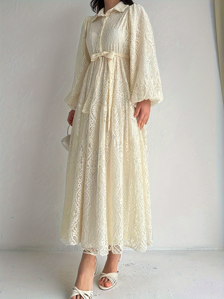 Women's Middle Eastern Muslim Lace Collar Robe Dress - Champagne