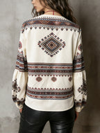Bohemian Ethnic Print V-neck Blouse | Vintage Loose Fit Long Sleeve Top for Women, Spring/Summer - Apricot