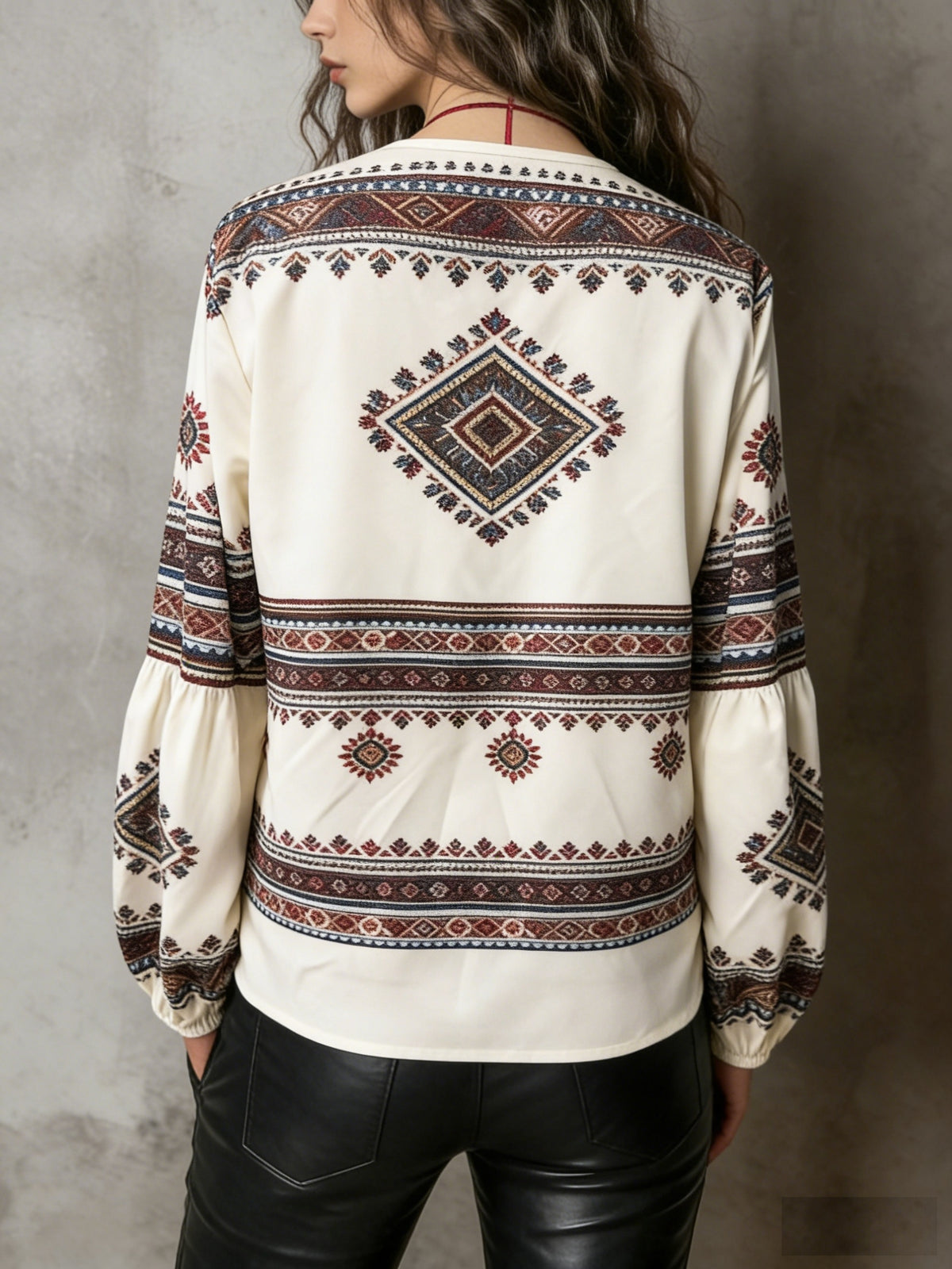 Bohemian Ethnic Print V-neck Blouse | Vintage Loose Fit Long Sleeve Top for Women, Spring/Summer - Apricot