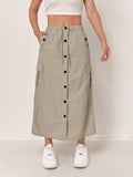 Outdoor Quick-Dry Cargo Skirt Button Design High-Waist Casual Women'S Half Skirt Multi-Pocket Machine Washable Mid-Length Dress - Khaki