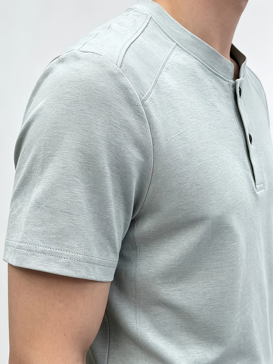 Men'S Solid Black Split Shoulder Mandarin Henley Collar Short Sleeve Top, Summer Office Daily Commute Golf City Street Outfit, Stretch Wrinkle Resistant Cooling Breathable 2-Button Tee, Middle-Aged Gentleman Business Casual Outfit, Minimalist Stand - Water Blue