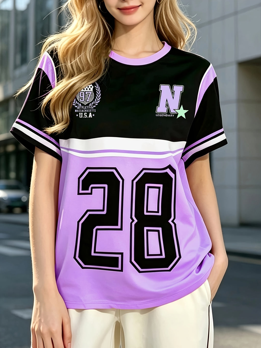 Women's Casual Streetwear T-Shirt with "71.12cm Number and Letter Print, Y College Style Women's Tee, the Best Gift for Friends and Family - Black D