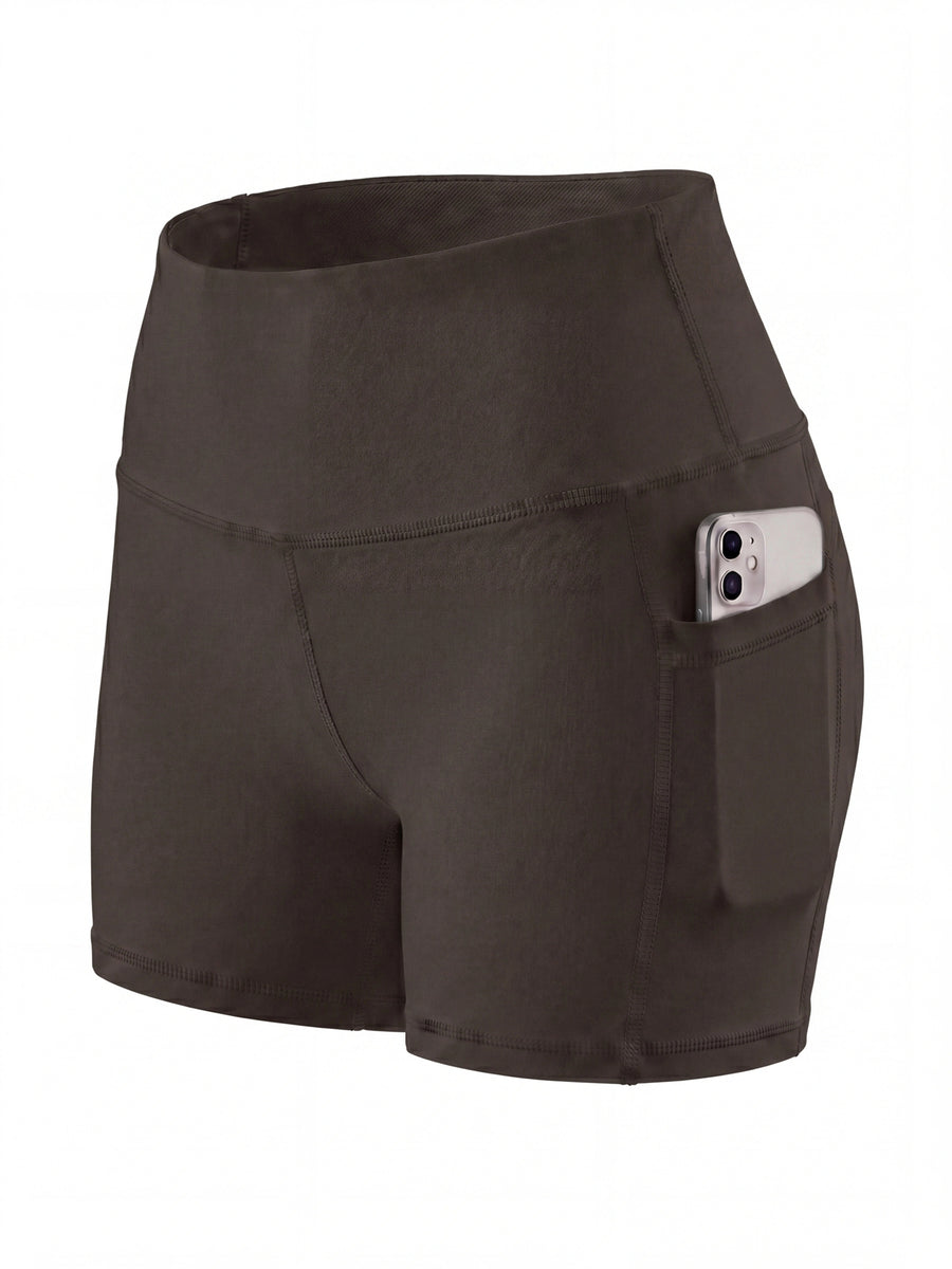 Summer Fashion Women's High-Waist 3-Inch Shorts with Pockets, Moisture-Wicking Summer Style - Anti-See-Through, Tummy Control, Non-Slip Waistband - Dark Brown