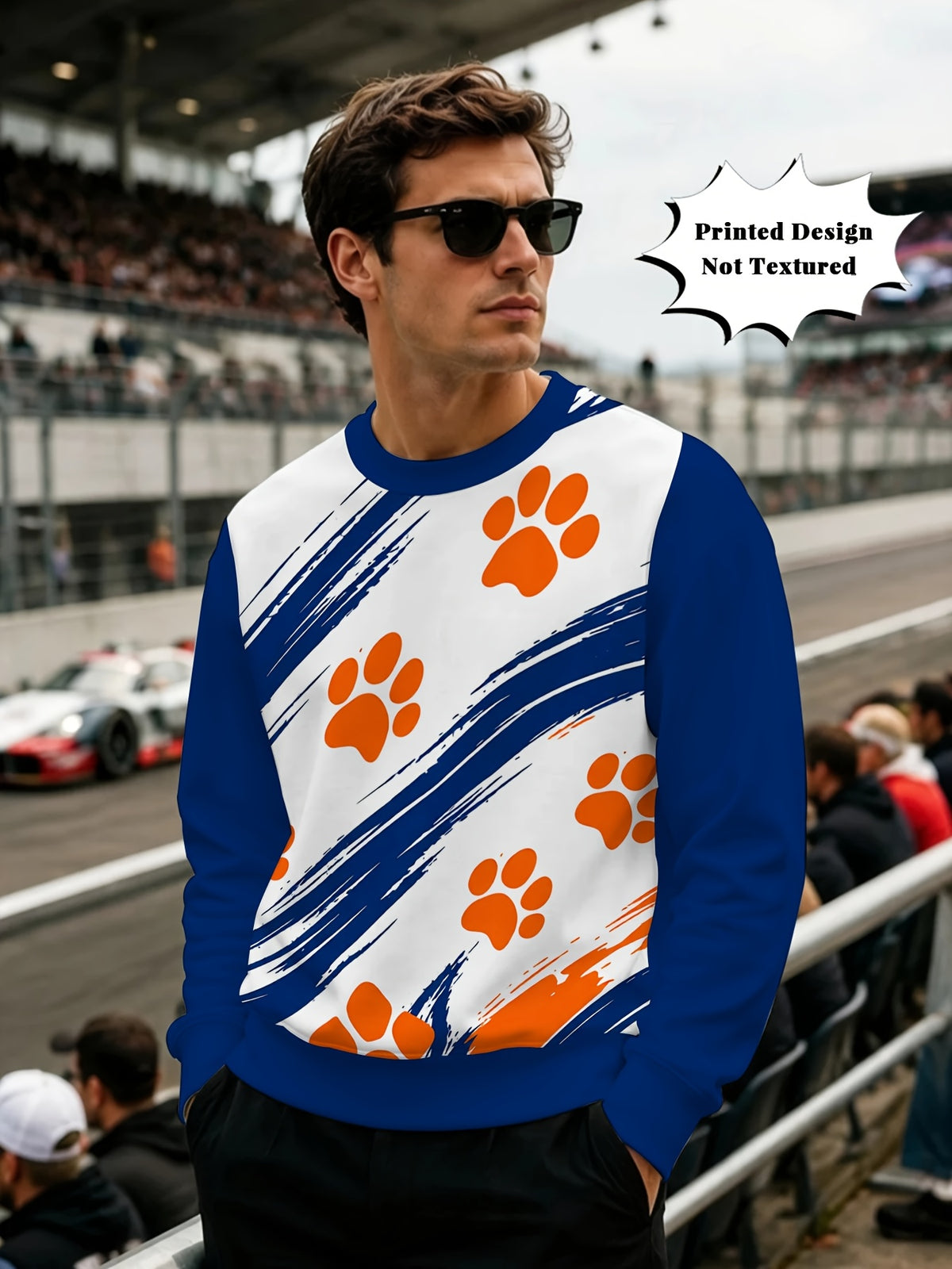 (Print Design - Not Textured) Men'S Round Neck Sweatshirt Blue White Color Block Print Sport Casual Trendy Top for Spring/Autumn Daily Wear Fashion Pullover Random Print - Mixed colors