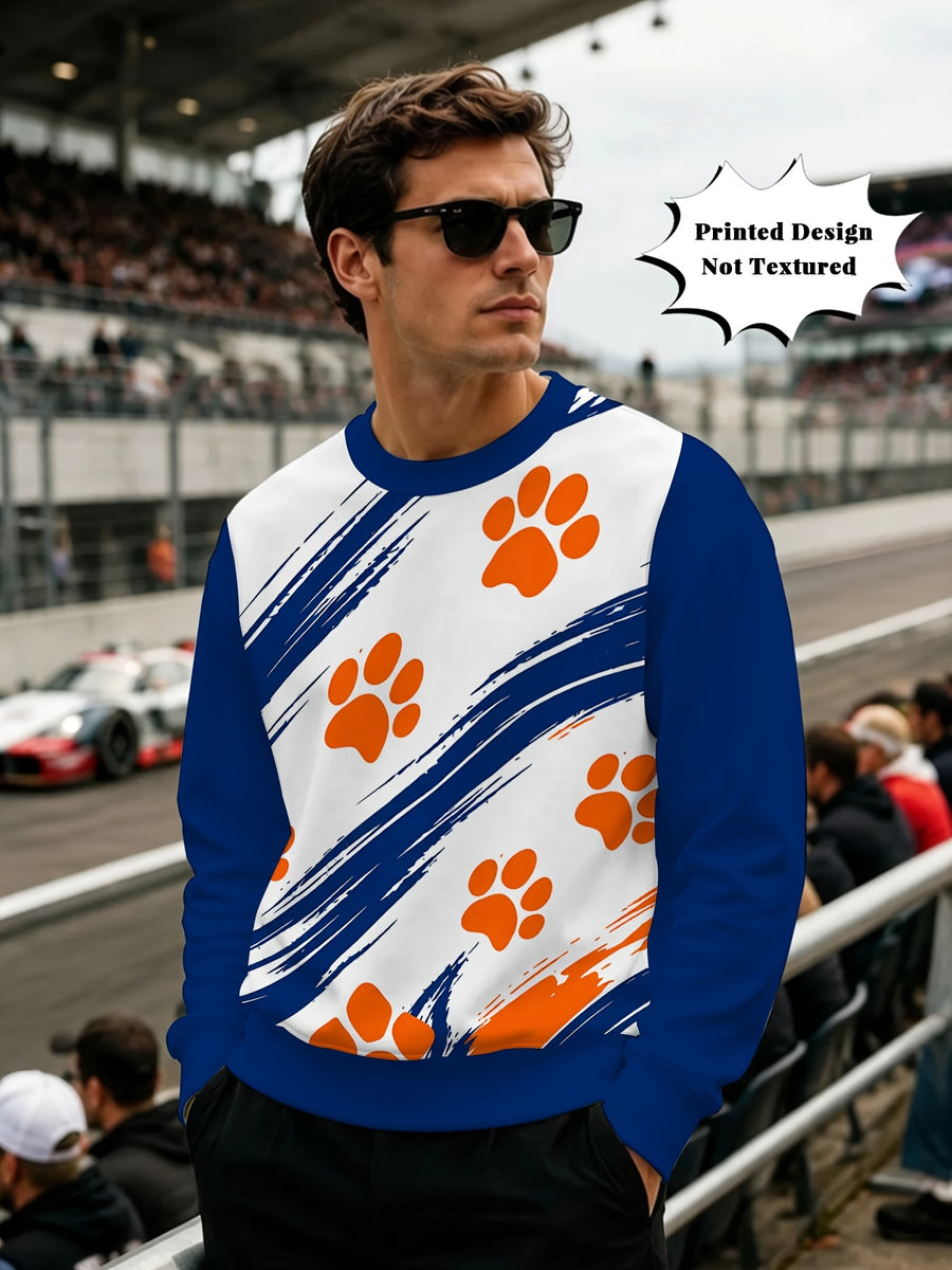(Print Design - Not Textured) Men'S Round Neck Sweatshirt Blue White Color Block Print Sport Casual Trendy Top for Spring/Autumn Daily Wear Fashion Pullover Random Print - Mixed colors