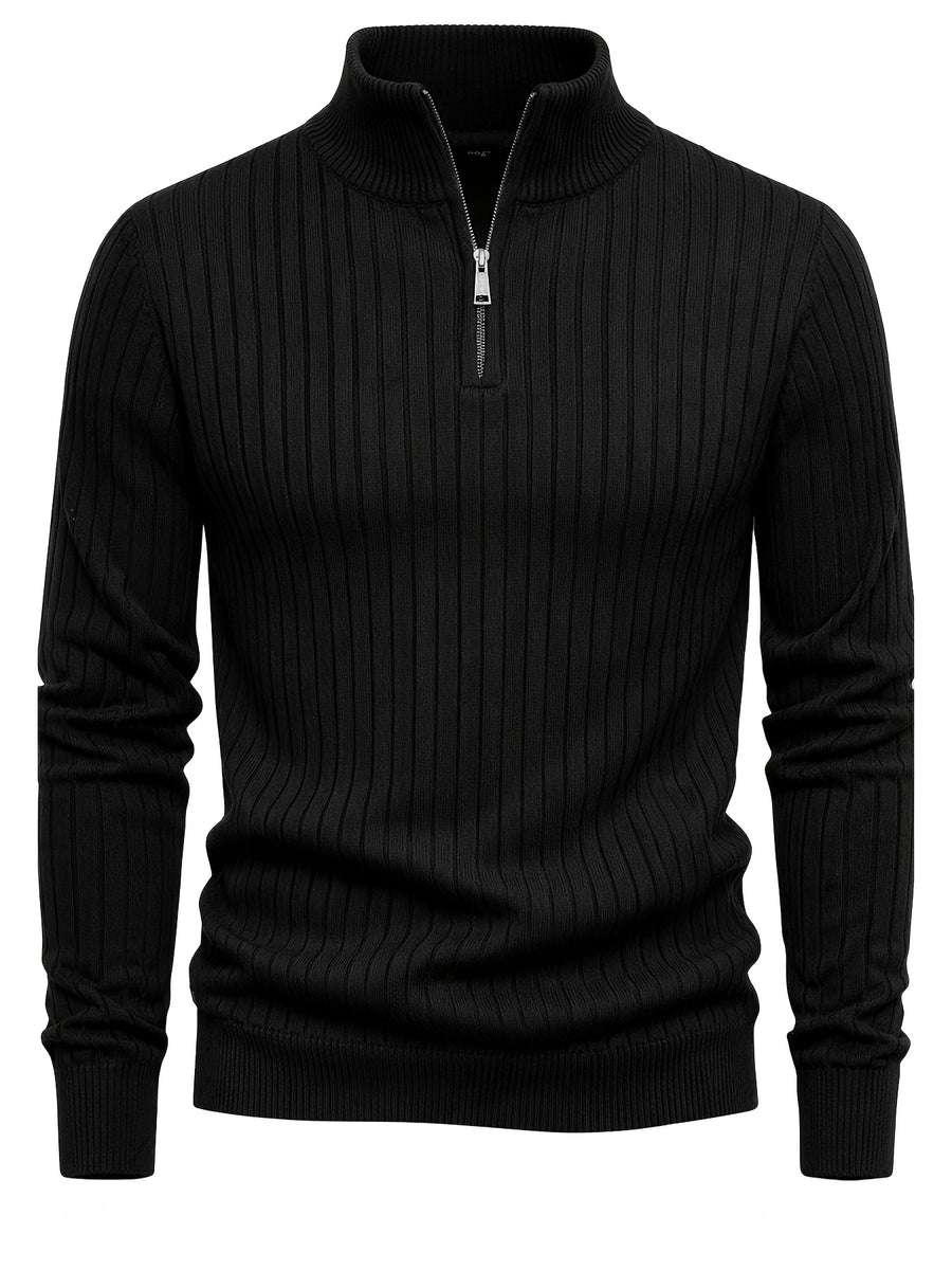 Autumn/Winter New Men's Stand Collar Zipper Design Fashionable Sweater, Knitted Versatile Stretchy Long-Sleeve Pullover with Small Rib Texture, for Home and Commuting, Vintage Men's Top - Black