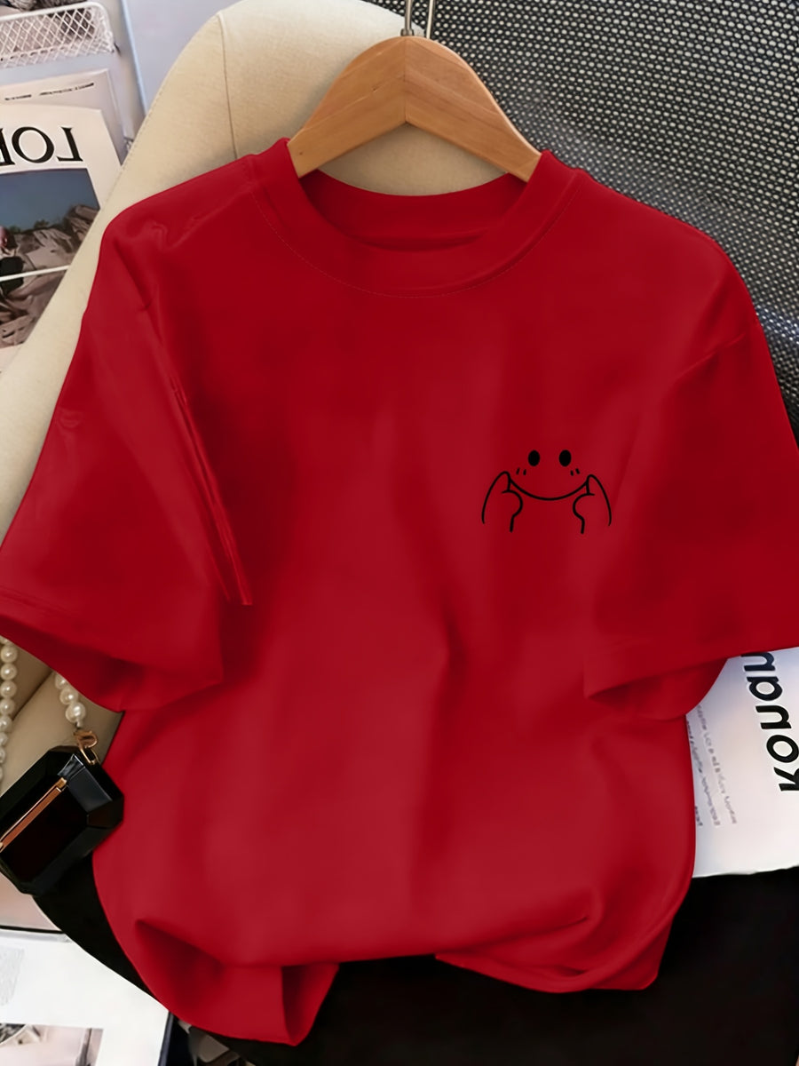 Women's High-Elastic Blouse T-Shirt Suitable for Café Visits, Picnic & Home Wear - Minimalist Smiling Face Print Round Neck Top, Machine Washable Non- Shirt for - Casual Outfits (Age-Reducing Versatile Wardrobe Staple) - Bright Red