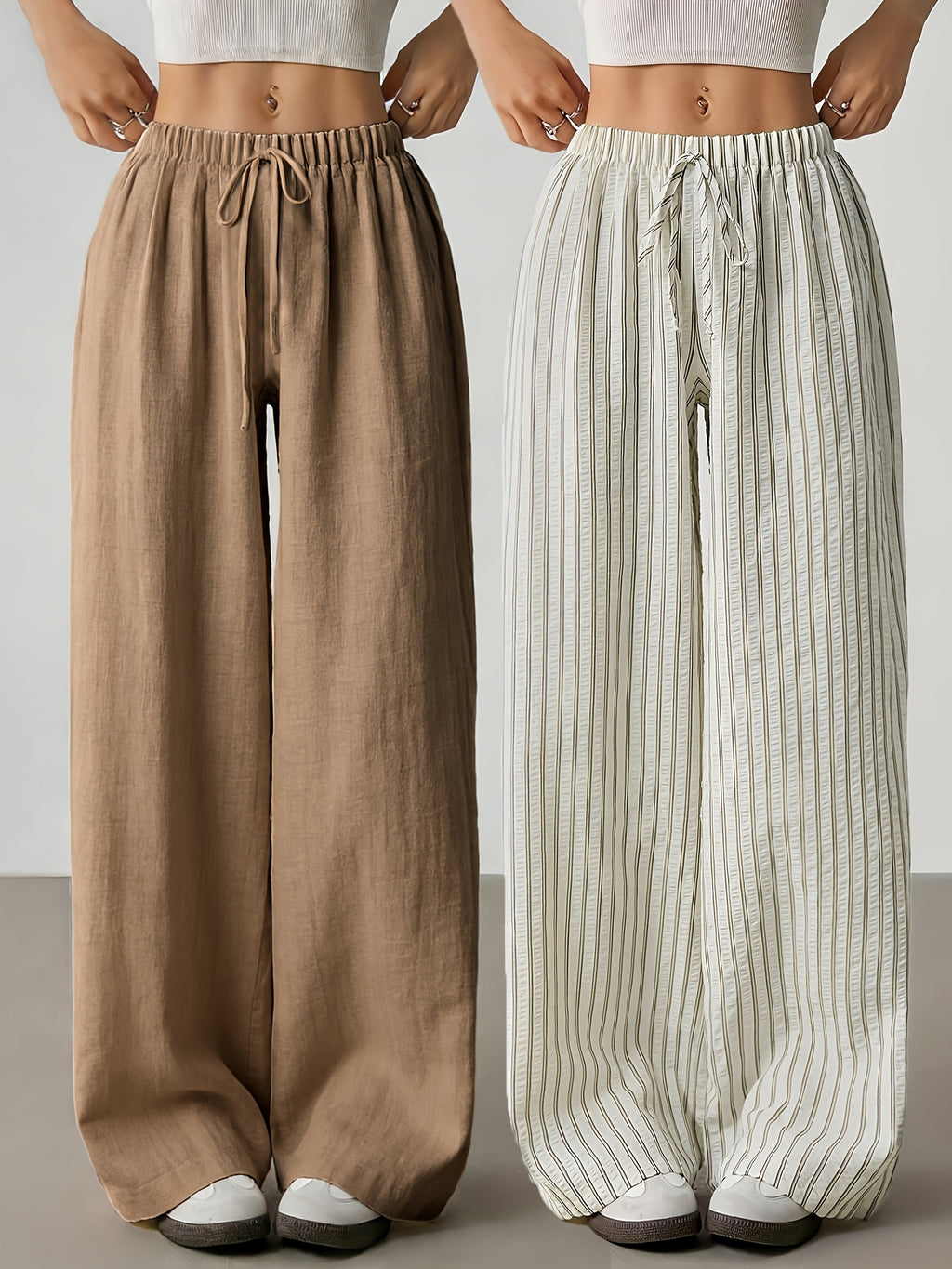 2pcs Summer Women'S New Linen Synthetic Wide-Leg Pants Women'S High-Waist Drapey Loose Vacation Style Straight Casual Trousers Striped Solid Color Drawstring Floor-Length Pants Commute All-Match Women'S Trousers - Light Coffee + Apricot Stripe