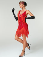 1920S Vintage Sequin Cape Gatsby Flapper Dress Tassel Evening Party Dress for Women Sequined Dress with Beads Toast Small Formal Dress - Red