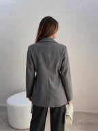 Women's Solid-color Belted Blazer with Single-breasted Design and Belt Detailing - Dark Gray