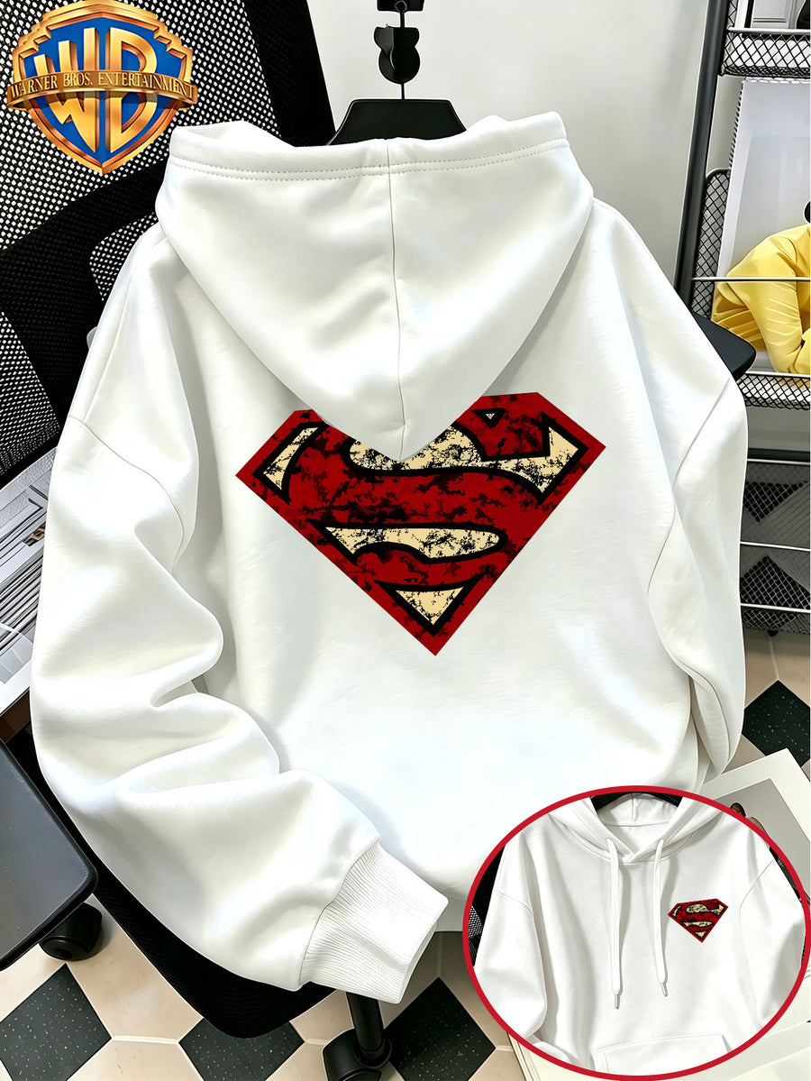 [Warner Bros. Official] Autumn/Winter Streetwear Fashion Men's Drawstring Pocket Hooded Sweatshirt, Vintage Distressed Superman "S" Logo Worn Badge Print Design, Sporty Style Loose Fit Hoodie, for Daily Casual Wear, Men's Trendy Fashion - White
