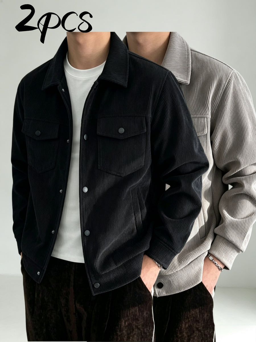 2pcs Men's Lapel Snap Button Jacket, Corduroy Texture Multi-Pocket Outerwear, Autumn/Winter Simple Vintage Casual Men's 2pcs Set - Black+gray