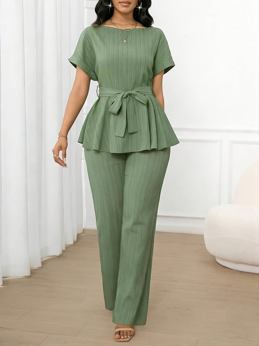 Women'S 2pcs Set, 1pc Short Sleeve Top And 1pc Loose Straight Pants Suitable for Spring Summer Wear - Green