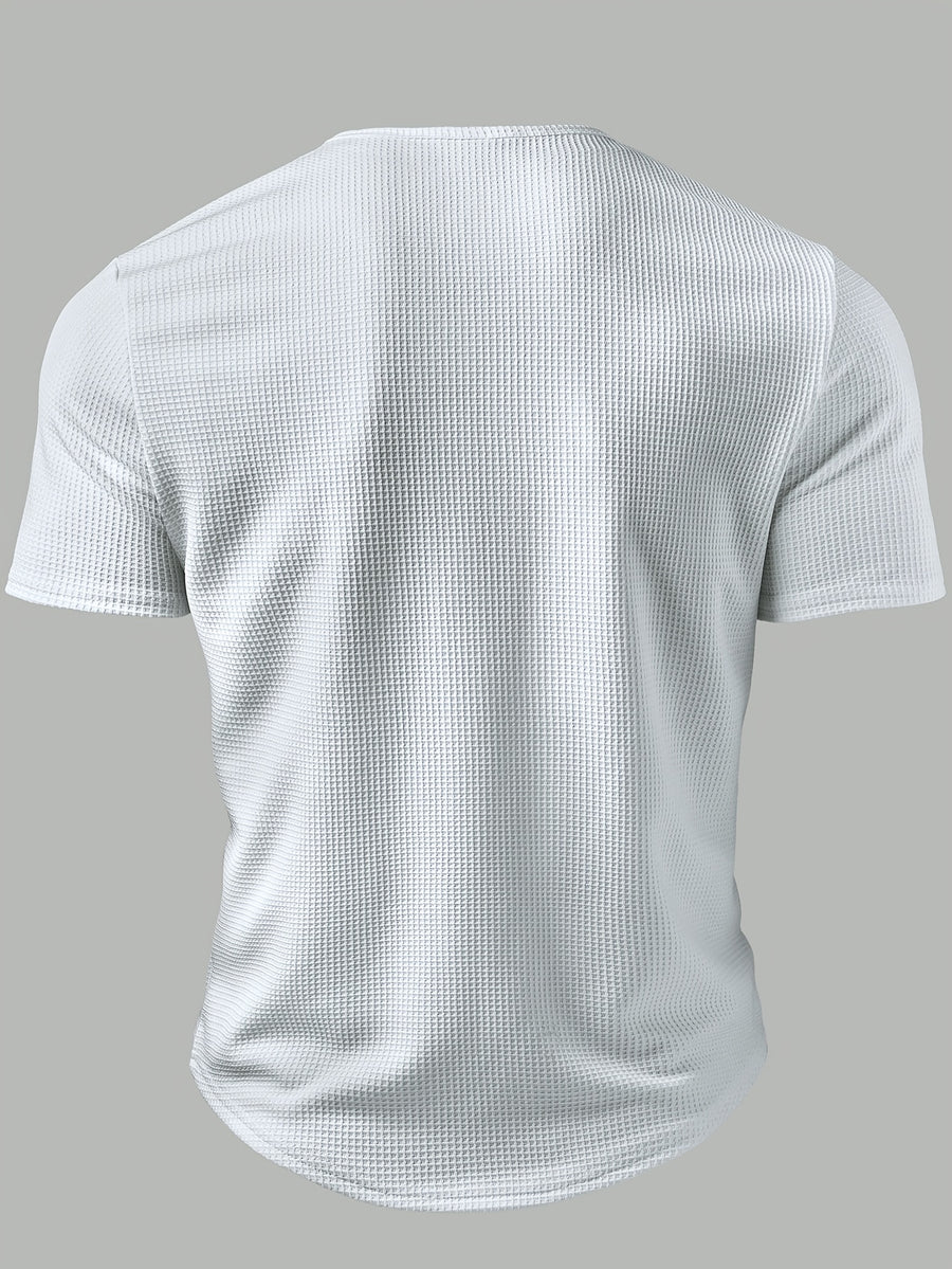 Men'S Fashion Men'S Tops Spring/Summer Outdoor Casual Textured Plaid Fabric Solid Color Round Neck Single-Breasted Lace-Up Short-Sleeved Men'S Henley Shirt - White