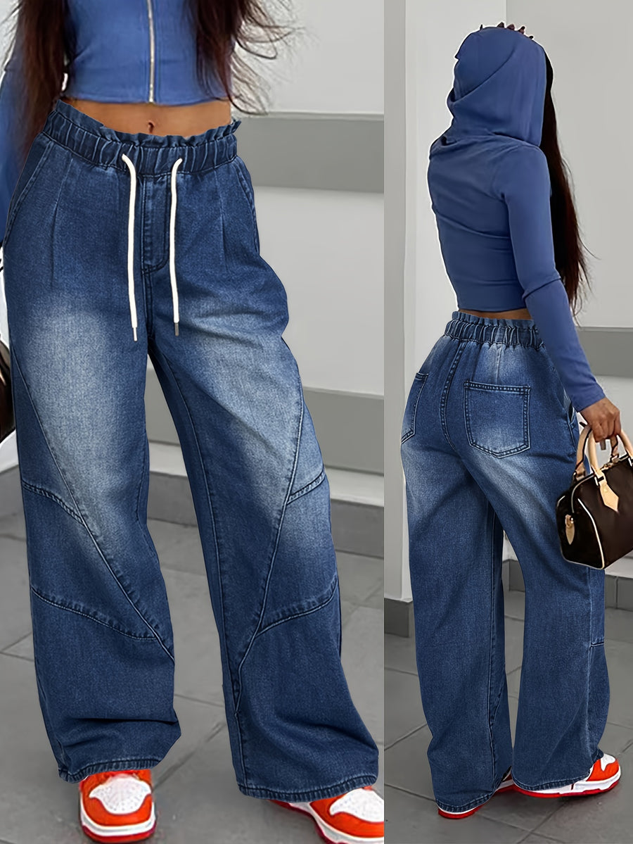 Women'S High-Waist Wide-Leg Denim Jeans, Street Style Y2K Inspired, Non-Stretch, Long Length, with Drawstring Waist And Slant Pockets, Ombre Pattern for All Seasons - Blue