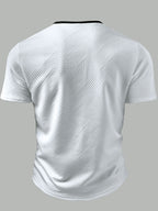 Men's Fashion Top, Spring/Summer Outdoor Casual Textured Jacquard Fabric, Color-Block Patchwork Single-Breasted Short-Sleeve Men's Henley Shirt - White