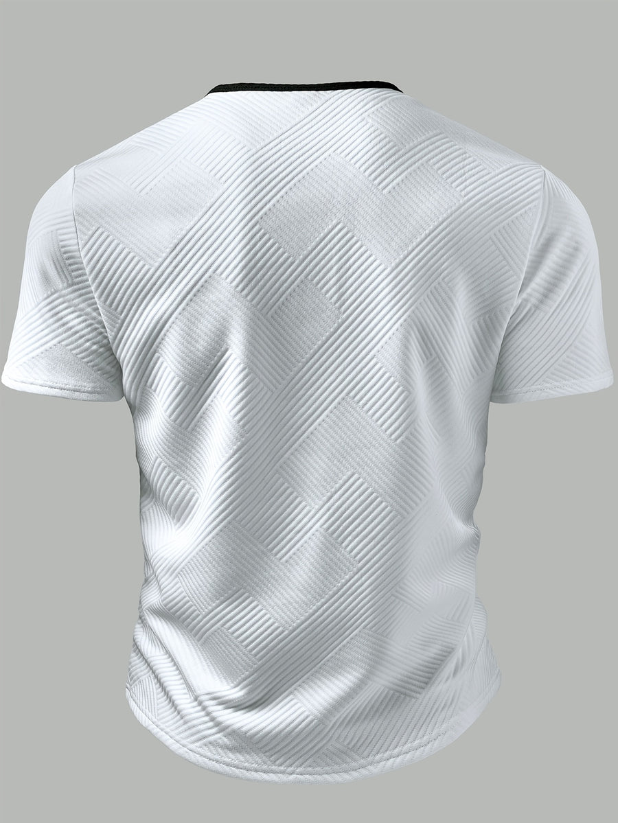 Men's Fashion Top, Spring/Summer Outdoor Casual Textured Jacquard Fabric, Color-Block Patchwork Single-Breasted Short-Sleeve Men's Henley Shirt - White