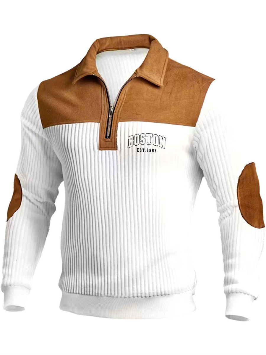 Men'S Fashion Long-Sleeve Polo, Casual Textured Ribbed Sweatshirt, Polo Collar Zipper Design Contrast Color Long-Sleeve Men'S Casual Knit Sweater - White