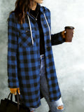 Women's Casual Long-Sleeve Lapel Shirt, Long Plaid Hooded Shirt with Drawstring Hood, Practical Chest Patch Pocket, Button Closure, Front Placket Design, Vintage Casual Style - Blue Black Grid