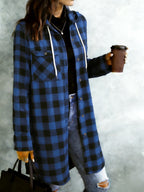 Women's Casual Long-Sleeve Lapel Shirt, Long Plaid Hooded Shirt with Drawstring Hood, Practical Chest Patch Pocket, Button Closure, Front Placket Design, Vintage Casual Style - Blue Black Grid