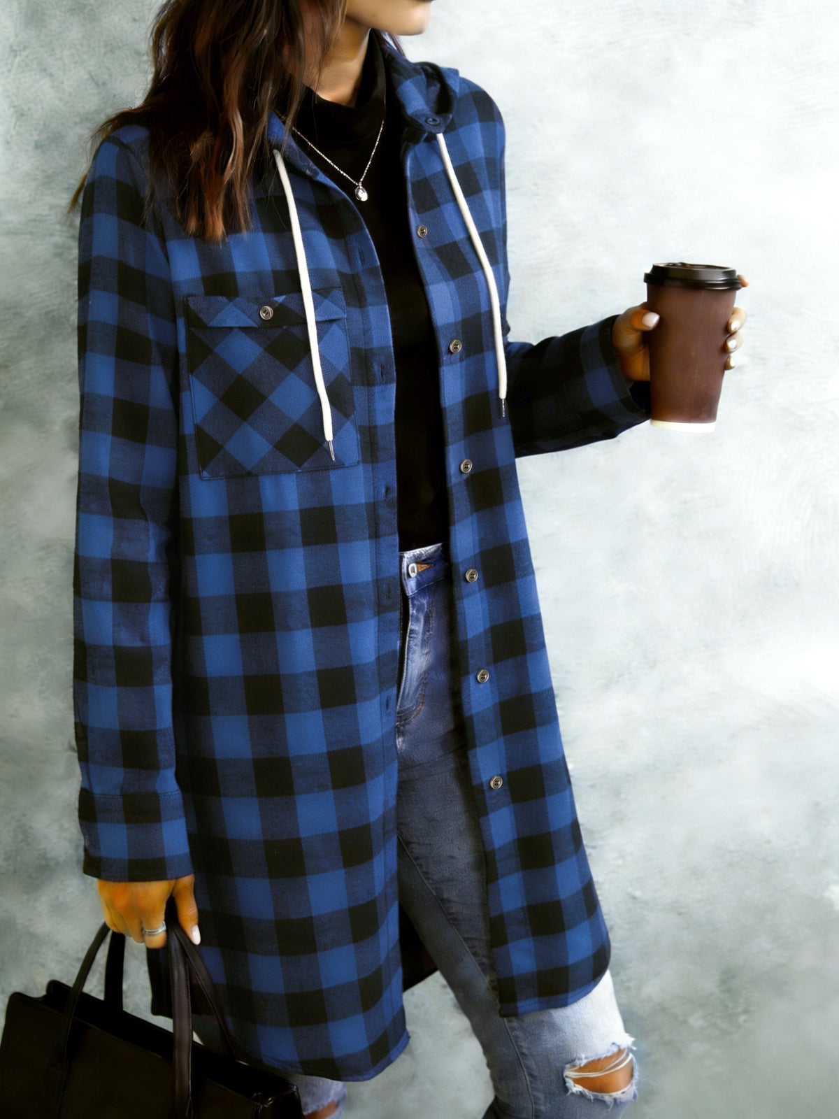 Women's Casual Long-Sleeve Lapel Shirt, Long Plaid Hooded Shirt with Drawstring Hood, Practical Chest Patch Pocket, Button Closure, Front Placket Design, Vintage Casual Style - Blue Black Grid