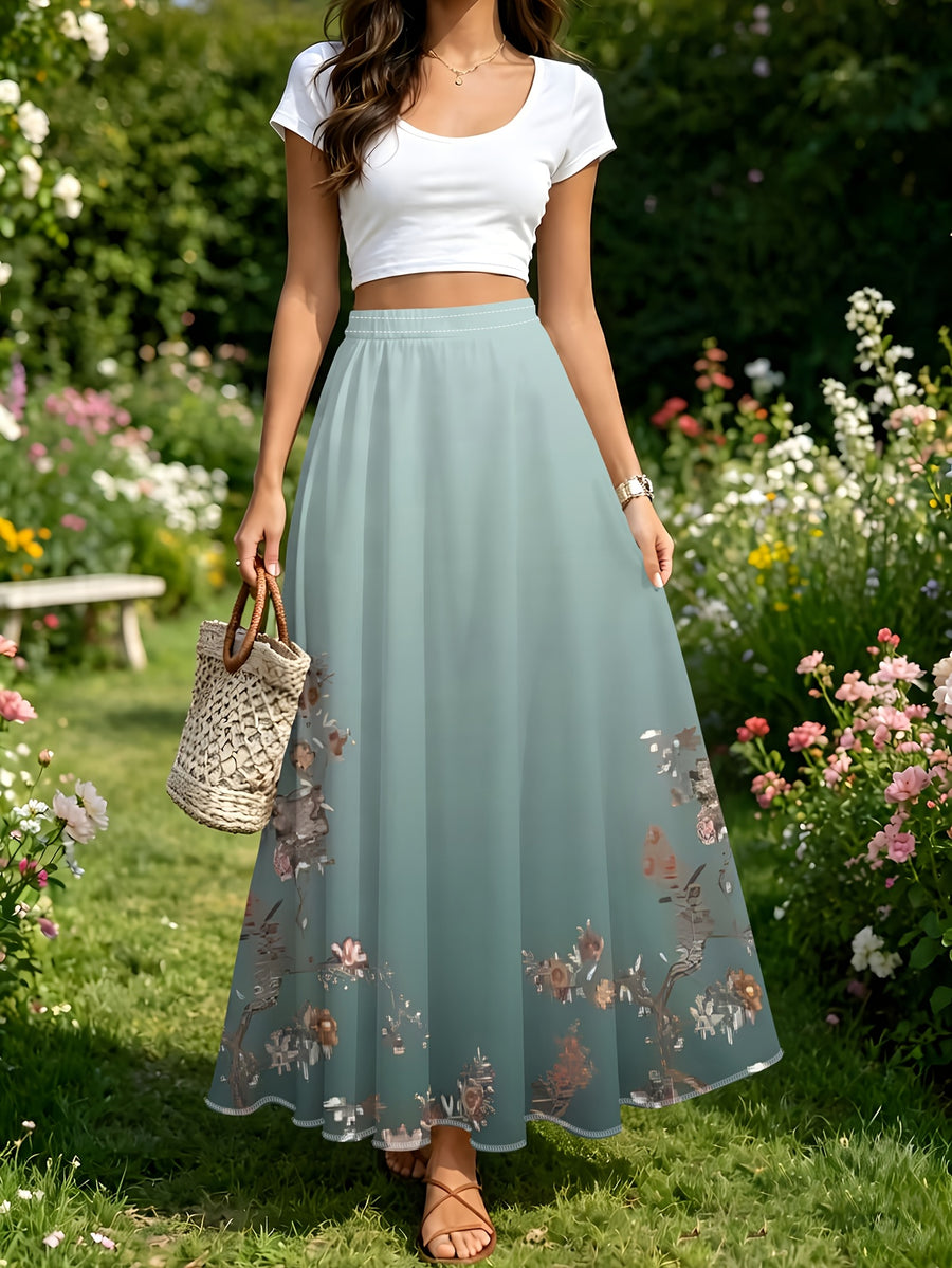 Summer Women's Fashion Versatile Midi Skirt with a Light Green Background, Symmetrical Floral Branches with Pinkish-Brown Flowers, Simple Print for Everyday and Vacation Style - Mixed colors