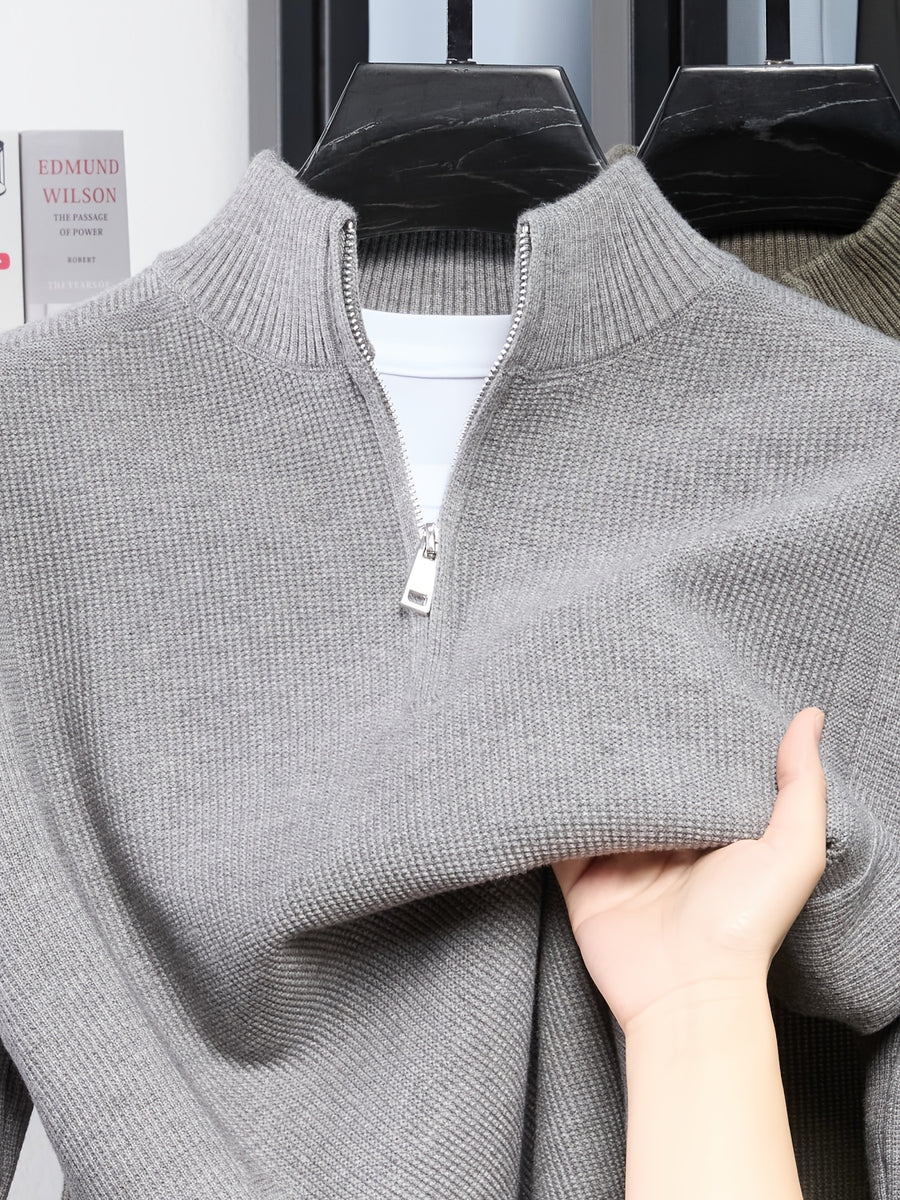Du Jing Lan OBM Spring/Autumn New Arrival Men's Knitted Pullover, Old Money Style Solid Color Half-Open Placket Stand Collar Long Sleeve Knitted Pullover, Men's Business Casual Fashion Ribbed Sweater, Suitable for Layering or Wearing as an Inner - Light Grey