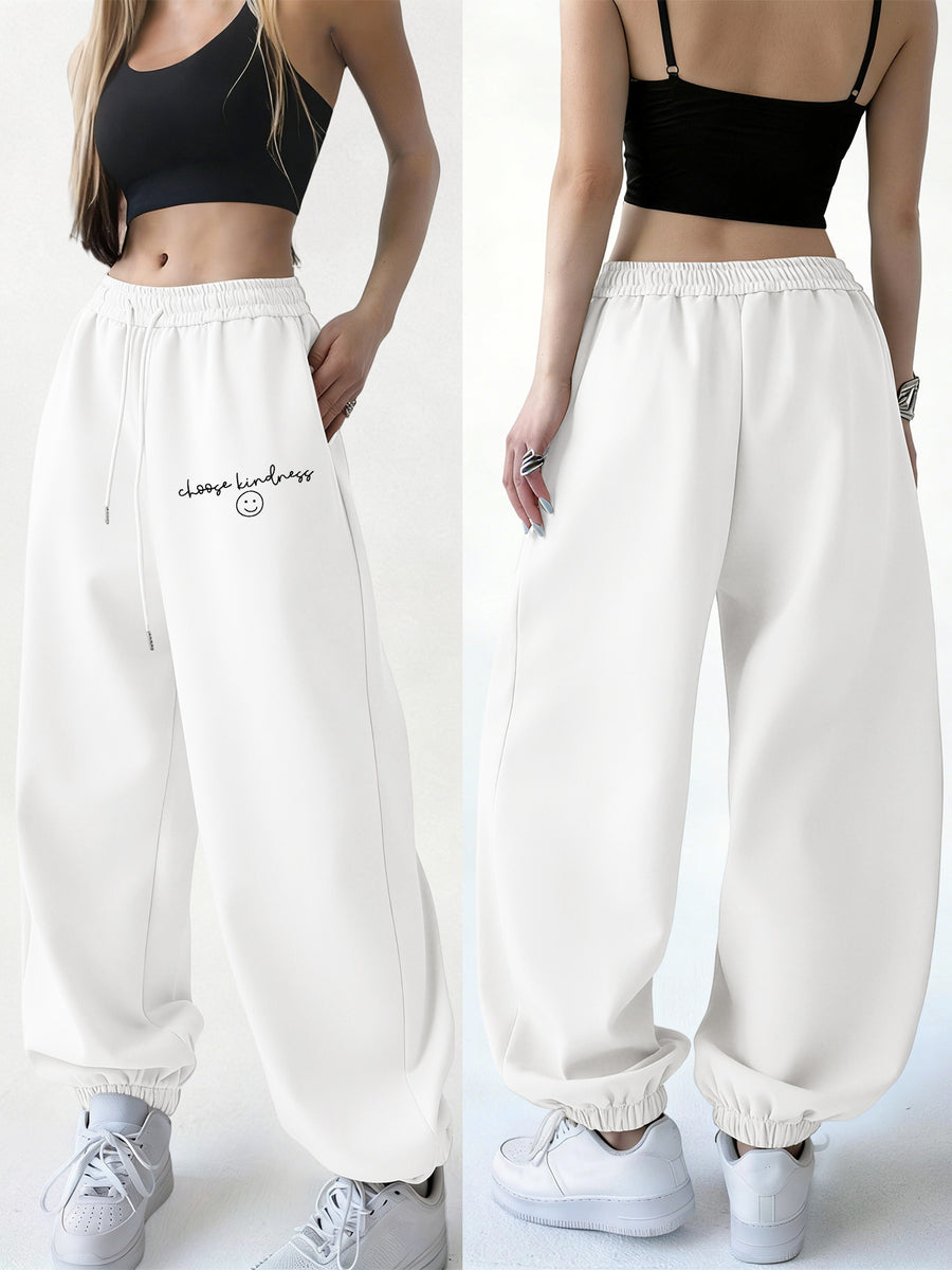 New Spring/Winter Women's Letter Print Jogger Sweatpants, Easy-Care Fabric, Soft and Warm, Machine Washable, Letter Print Lounge Pants, Suitable for Travel, Home, and Outdoor Outings, Solid Color Printed Pants, Monochrome Jogger Pants - White