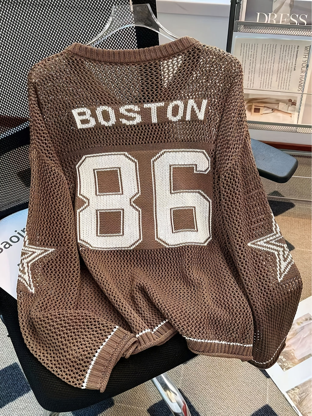 New Fashion Women'S Casual Trendy Cool Style Solid Color Number Star Mesh Shirt Daily Versatile Shopping Outfit Women'S Spring And Summer V-Neck Long-Sleeved Loose Long-Sleeved Pullover - 【Brown】