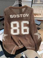 New Fashion Women'S Casual Trendy Cool Style Solid Color Number Star Mesh Shirt Daily Versatile Shopping Outfit Women'S Spring And Summer V-Neck Long-Sleeved Loose Long-Sleeved Pullover - 【Brown】