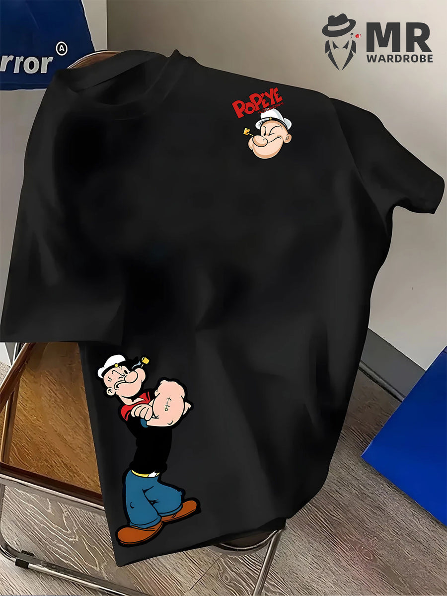 Men's Popeye the Sailorman Retro Graphic Short Sleeve T-Shirt - Vintage Cartoon Print, Breathable Knit Fabric, Regular Fit Round Neck Casual Summer Tee for Casual Attire, Machine Washable Top, Soft Texture Shirt - Black