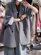 Spring/Autumn New Women's Blazer, Loose-Fit Simple Solid Color Long-Sleeve Top - Dark Gray
