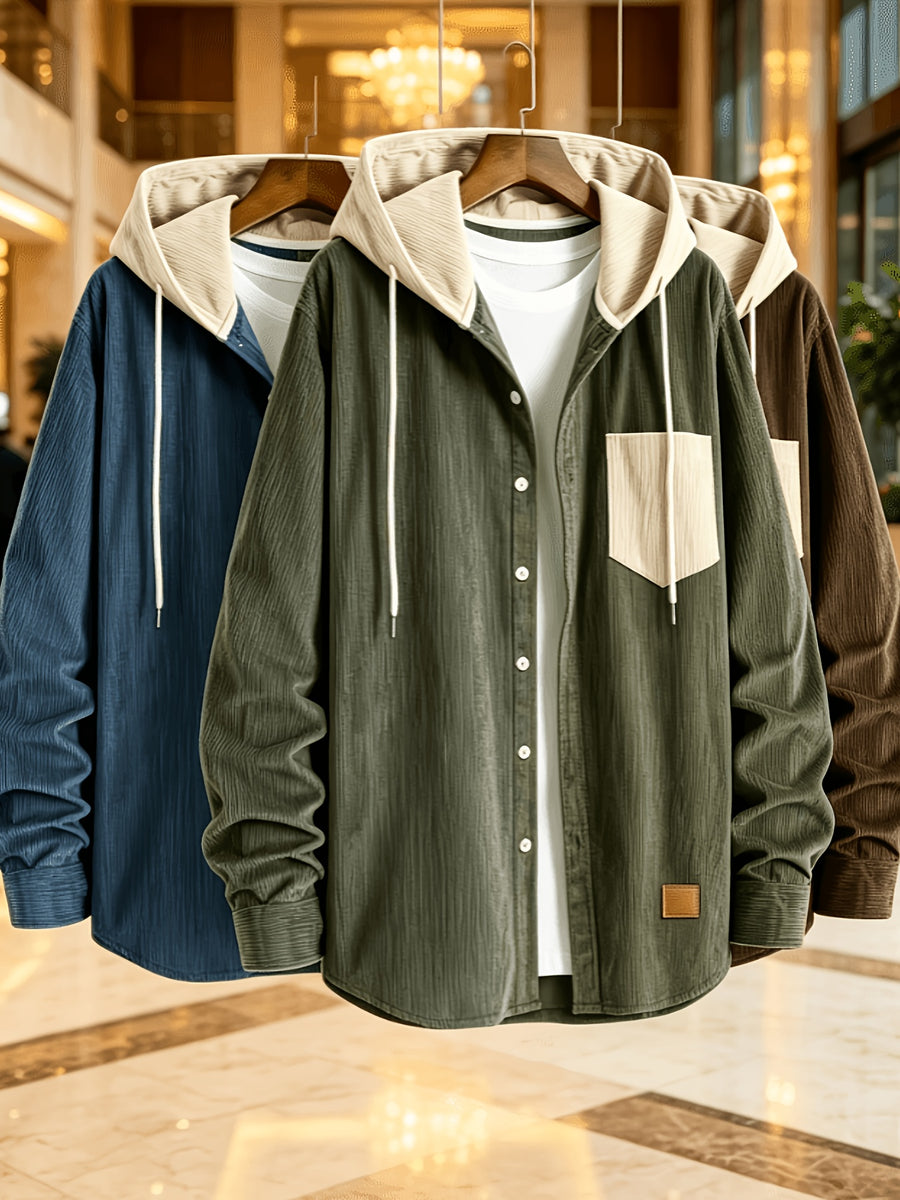 Men'S Fashion Corduroy Hooded Long Sleeve Shirt, Men'S Casual 3pcs Set Hooded Top Shirt - Blue Plus Green Plus Brown