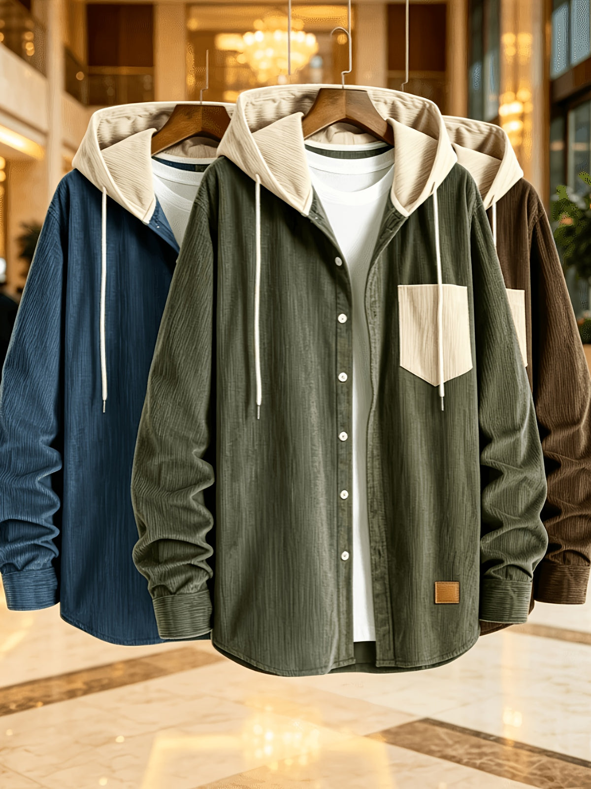Men'S Fashion Corduroy Hooded Long Sleeve Shirt, Men'S Casual 3pcs Set Hooded Top Shirt - Blue Plus Green Plus Brown