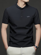Maqiqi OBM Men's Chinese Style Henley Shirt - Breathable Short-Sleeve -Front Collar Polo, Half-Open Placket Stand Collar Tunic for Business Casual Wear, Layering Base Layer Top Suitable for Office, Golf, Running Gift - Black