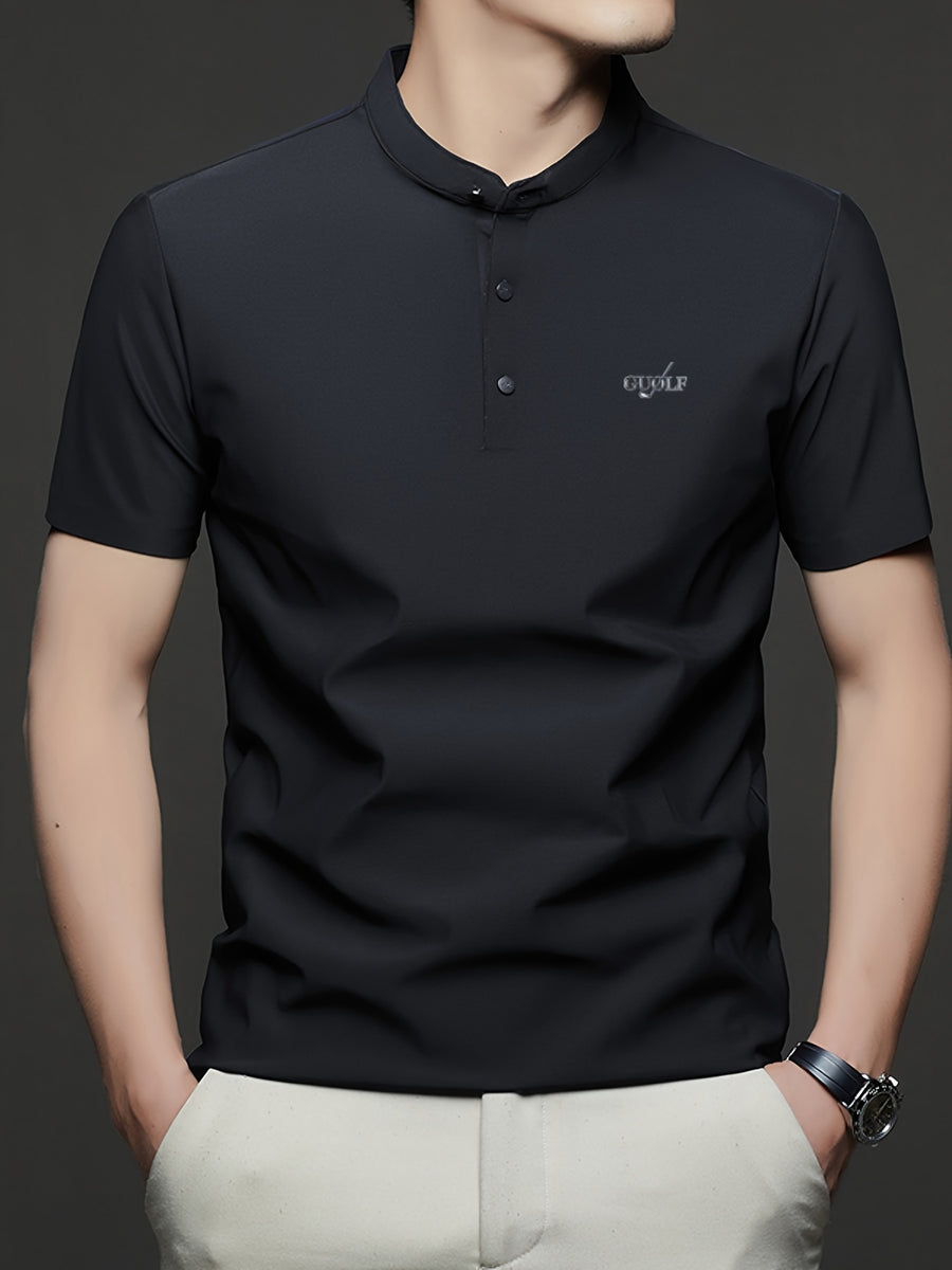 Maqiqi OBM Men's Chinese Style Henley Shirt - Breathable Short-Sleeve -Front Collar Polo, Half-Open Placket Stand Collar Tunic for Business Casual Wear, Layering Base Layer Top Suitable for Office, Golf, Running Gift - Black