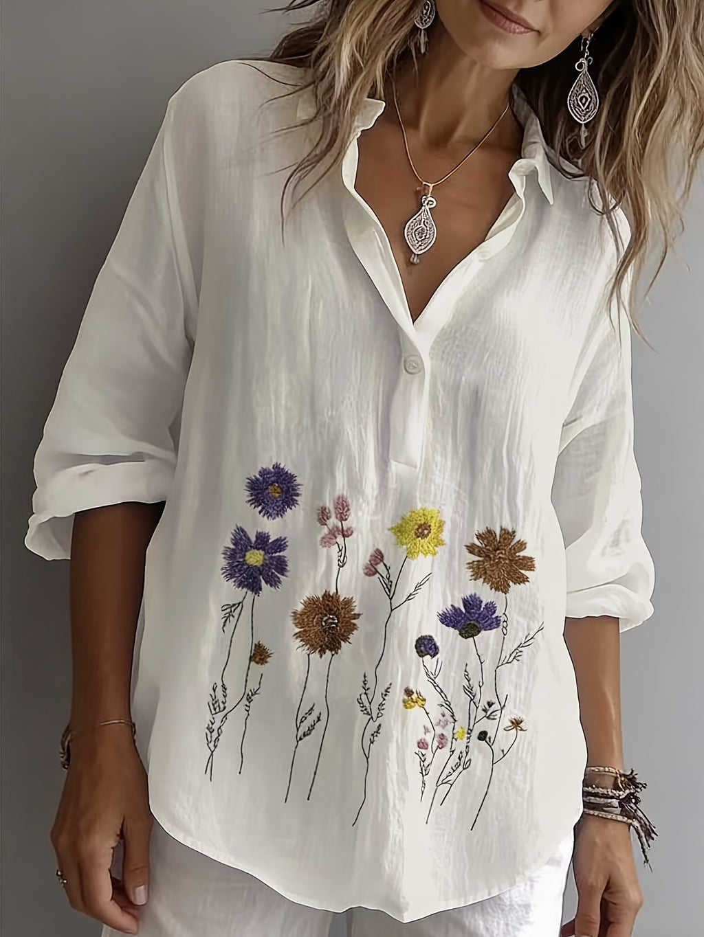 Vintage Floral Print Blouse Women'S Loose Lapel Drop Shoulder Long Sleeve Shirt Lightweight Soft Vacation Commute Versatile Casual Shirt - White