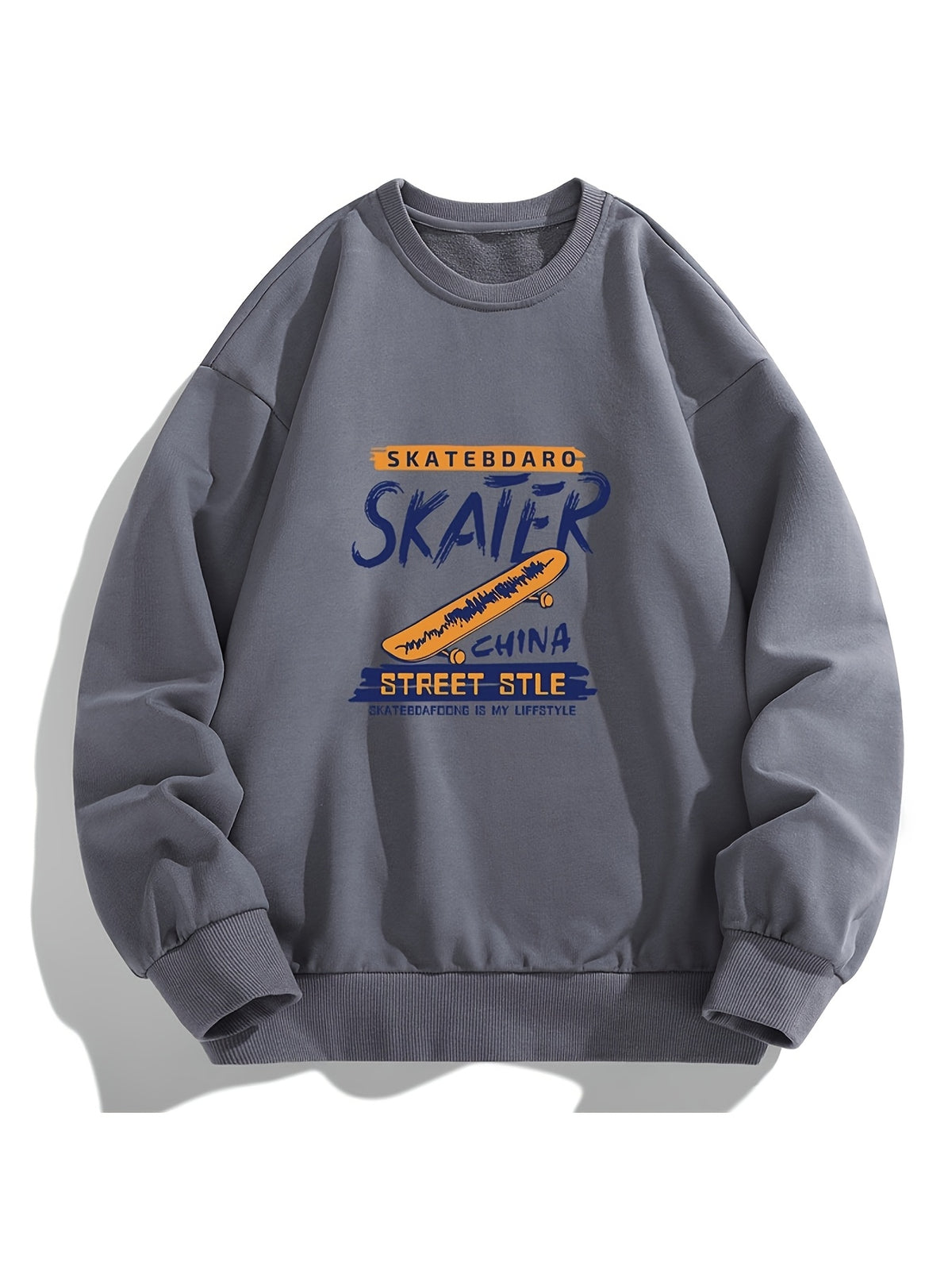 Men'S Crew Neck Sweatshirt, Spring And Autumn Skateboard Street Style Printed Pullover Top, Youth Loose Casual Versatile Long Sleeve Base Shirt - Dark Gray