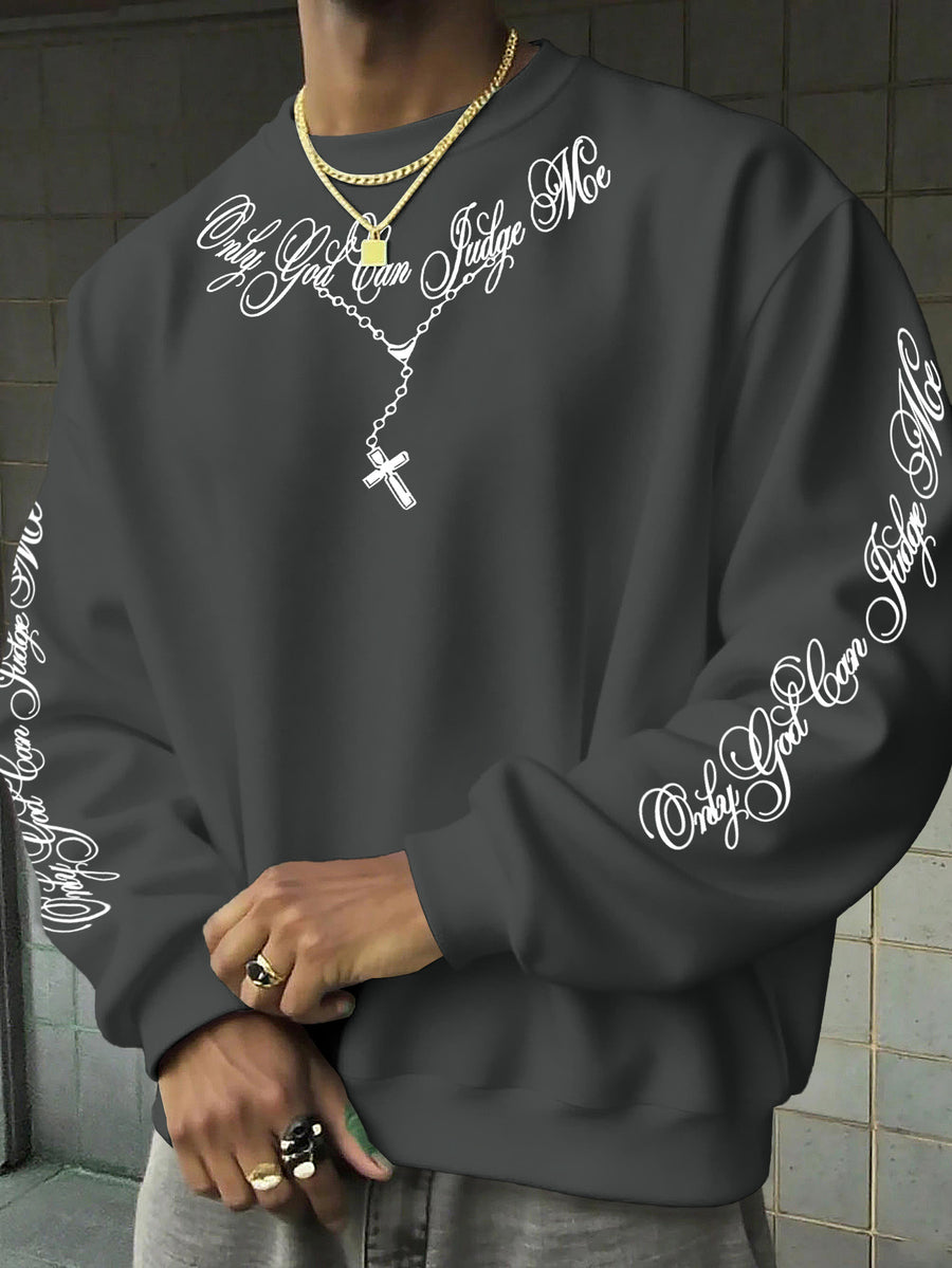 American Street Style Men's Sweatshirt, Cross Necklace Print, Loose and Versatile - Grey