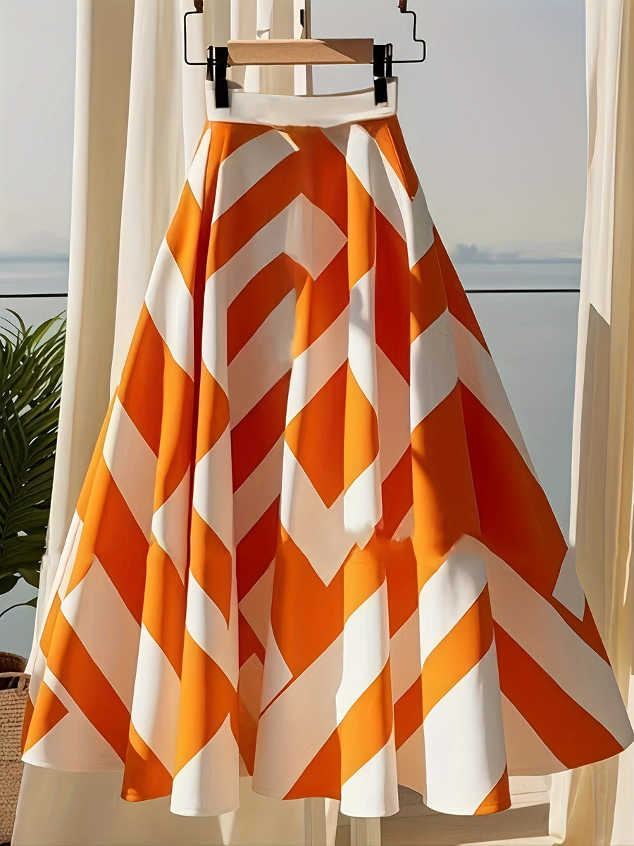 Elegant And Exquisite A-Line Skirt with High-End Feel, Super Cute Orange Geometric Print Umbrella Skirt Half Skirt - Mixed colors