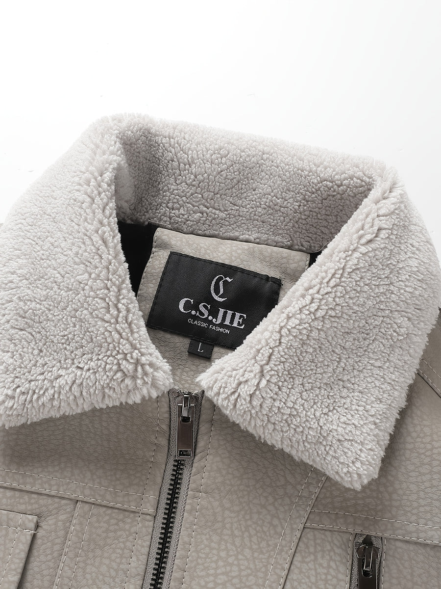 Men's Plush Lapel -Lined PU Motorcycle Jacket with Thickened Warm Lining, Vintage Texture Fabric, Multiple Zipper Pockets, Slim Fit Short Style, Autumn/Winter Riding Commuting American Casual Wear, Wear-Resistant and Windproof Lapel Outerwear Winter - Off-white