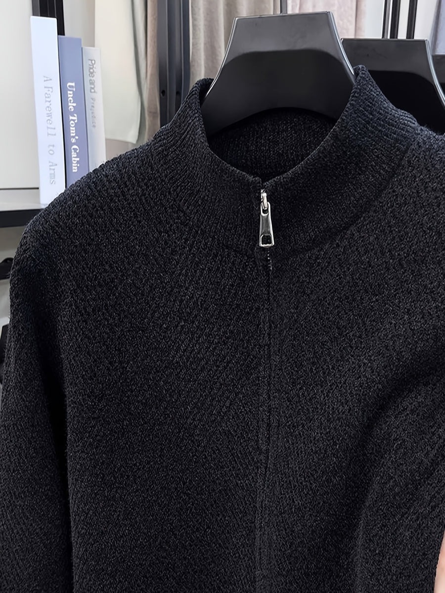 New Spring/Autumn Men's Solid Color Long-Sleeve Knit Sweater for Urban Mature Men's Casual Outdoor Fashion - Black