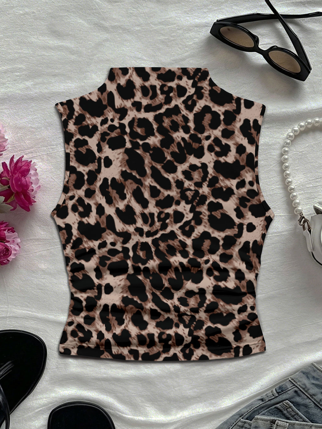 Women's Spring/Summer New Arrival Special Vintage Daily Casual Print Mock Neck Sleeveless Fitted Tank Top - Coffee Brown