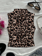 Women's Spring/Summer New Arrival Special Vintage Daily Casual Print Mock Neck Sleeveless Fitted Tank Top - Coffee Brown