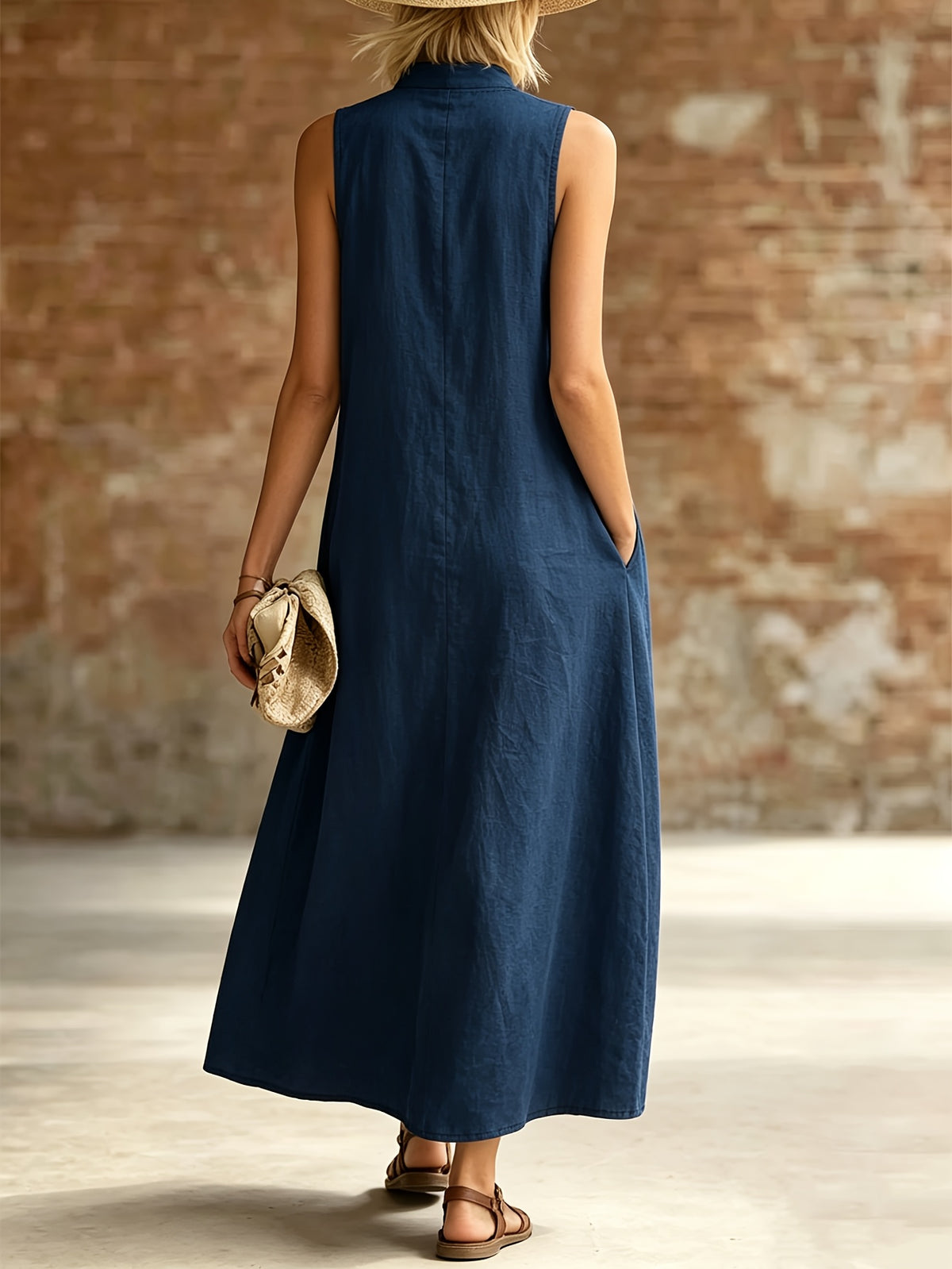 Summer Women's All- Sleeveless Stand-Collar Button-Front Dress, New Chinese Style Loose-Fitting Long Shirt-Style Dress with Small Stand-Collar for Women - Blue