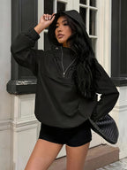 Women'S Summer New Half-Zip Hooded Loose Long Sleeve Thin Jacket Top Casual Versatile Coat - Black